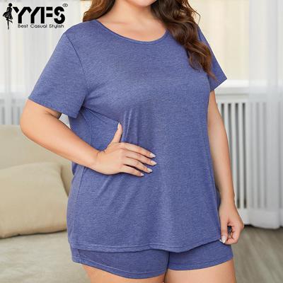 Женские модные летние и весенние повседневные однотонные принты больших размеров с коротким рукавом и круглым вырезом, свободные блузки и рубашки, шорты, костюмы