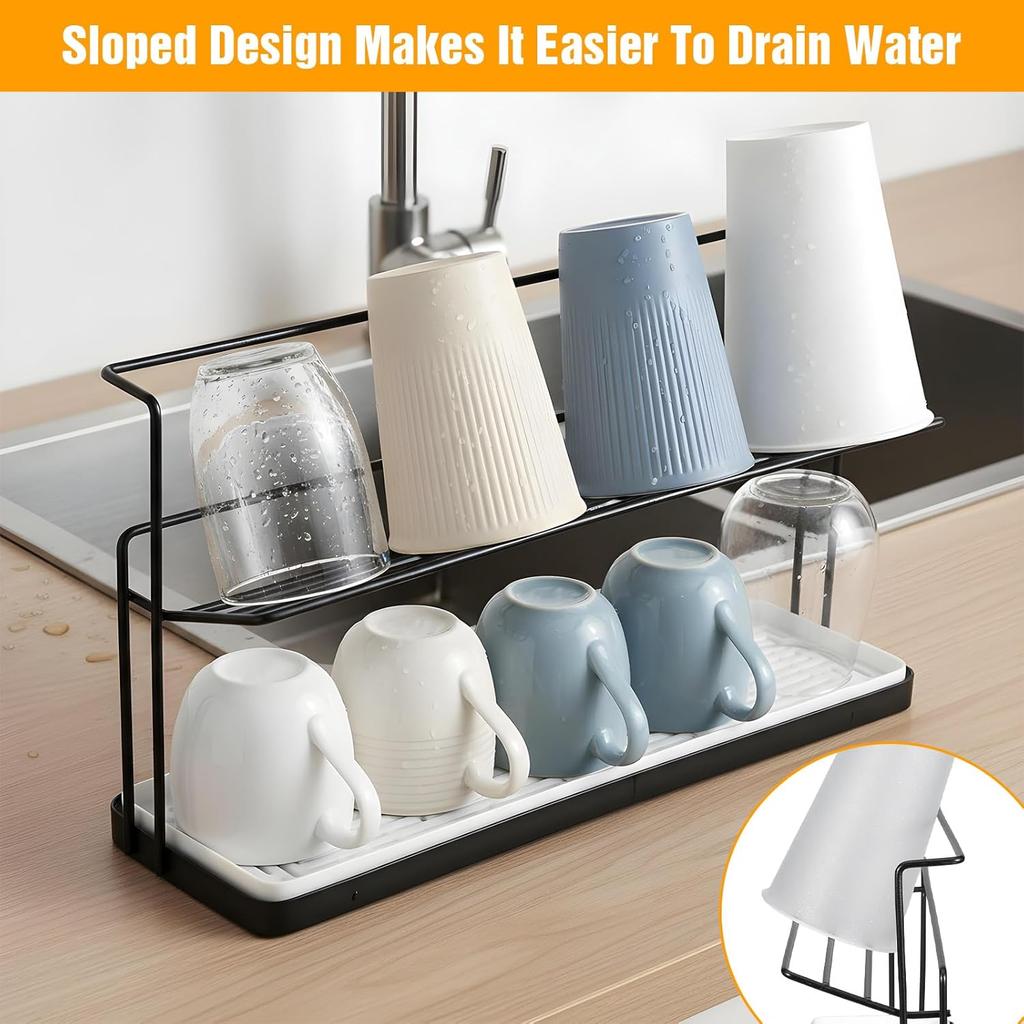 2-Tier Cup Mug Drying Rack Kitchen Countertop Drainer with Drainboard Utensil Holder Rust-Proof Dish Mug Drying Storage Shelf