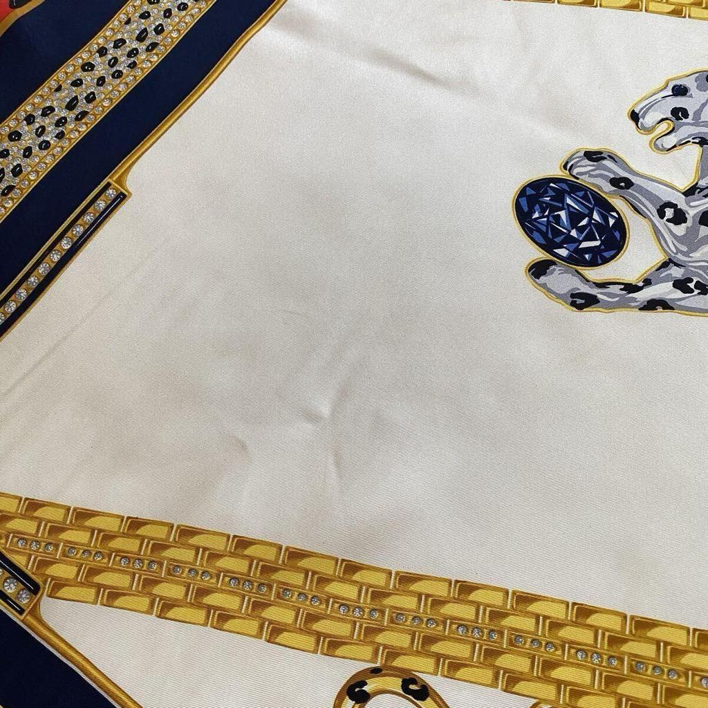 Used Cartier Scarf Silk Panther White Navy Red Large Vintage