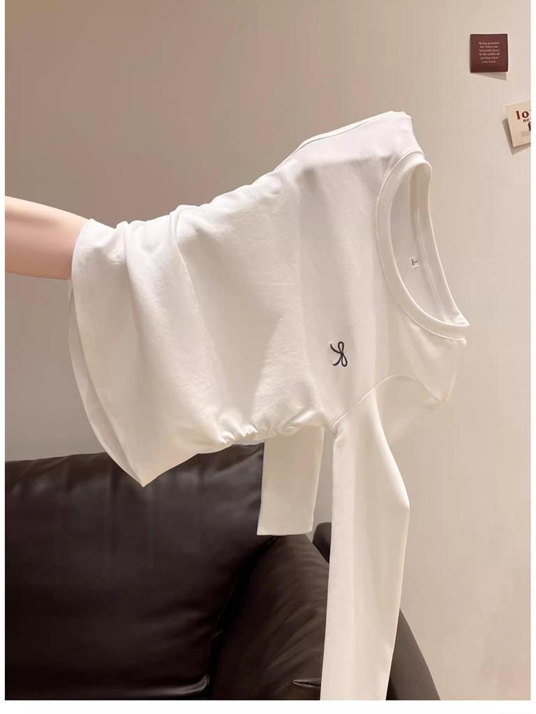 Женский топ с круглым вырезом, вышивкой бантом, длинными рукавами и плиссировкой, ранняя осень