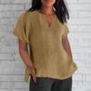 Women's Fashion Short Sleeve V-Neck Solid Colour Loose Casual Shirt Cotton Blouse