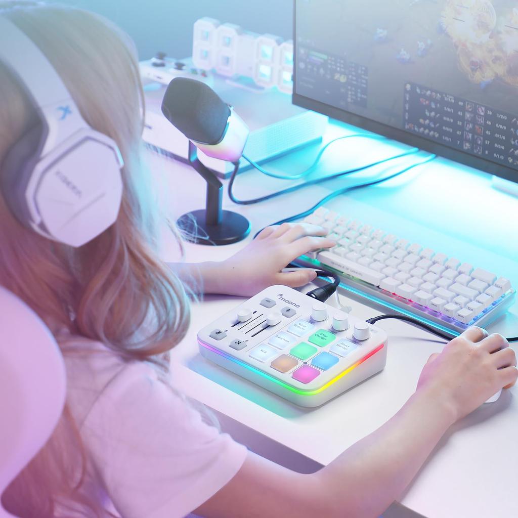 MAONO игровой аудиомикшер аудиоинтерфейс отключение звука изменение голоса реверберация совместимо с аудиомикшером для игр потоковое вещание подкаст комментарии подключение XLR