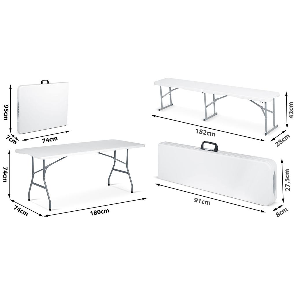 Catering Set Garden Folding Table + 2 Benches 180 Cm Plonos White