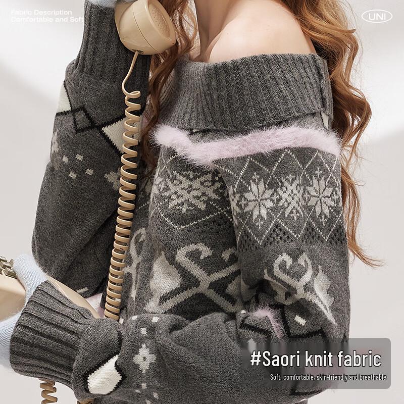 unifree Fair Isle Off-Shoulder Lapel Knit Sweater