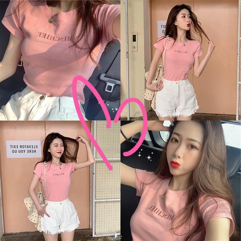 2024 Summer Slim Fit Korean Embroidered Letter T-Shirt for Women