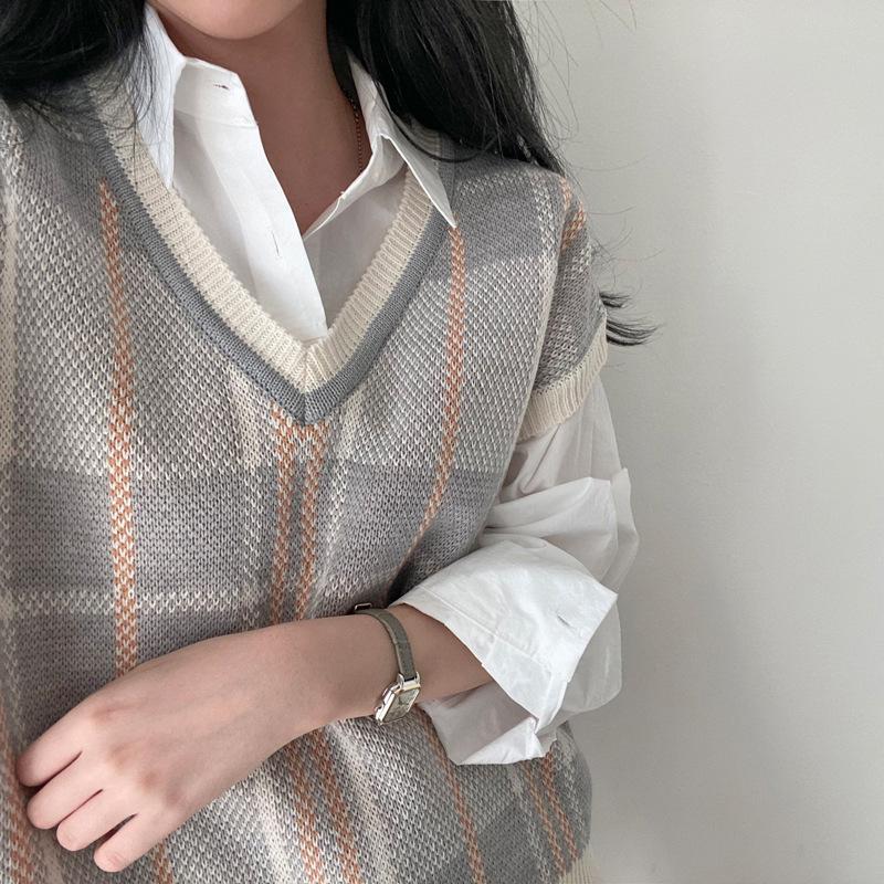 Autumn and Winter Women's All-match Retro Plaid Loose Sweater Vest Fashion Casual and Comfortable Folding Vest