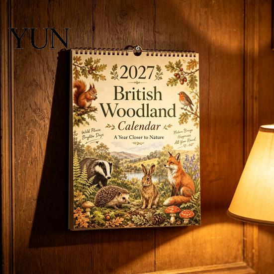 Gift for Students 2027 British Woodland Calendar, 12 Month Hanging Planner, Thick Yearly Event Planner Paper Desk Calendar Home Office And Daily