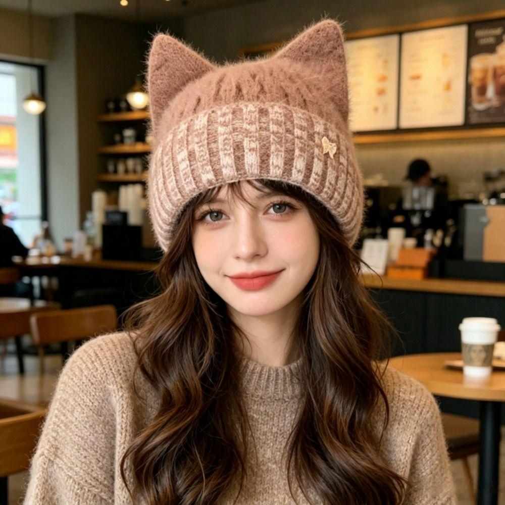 Cat Ear Shape Knit Beanie Folded Cuff Knitted Cat Hat New Cat Ear Beanie Daily Wear