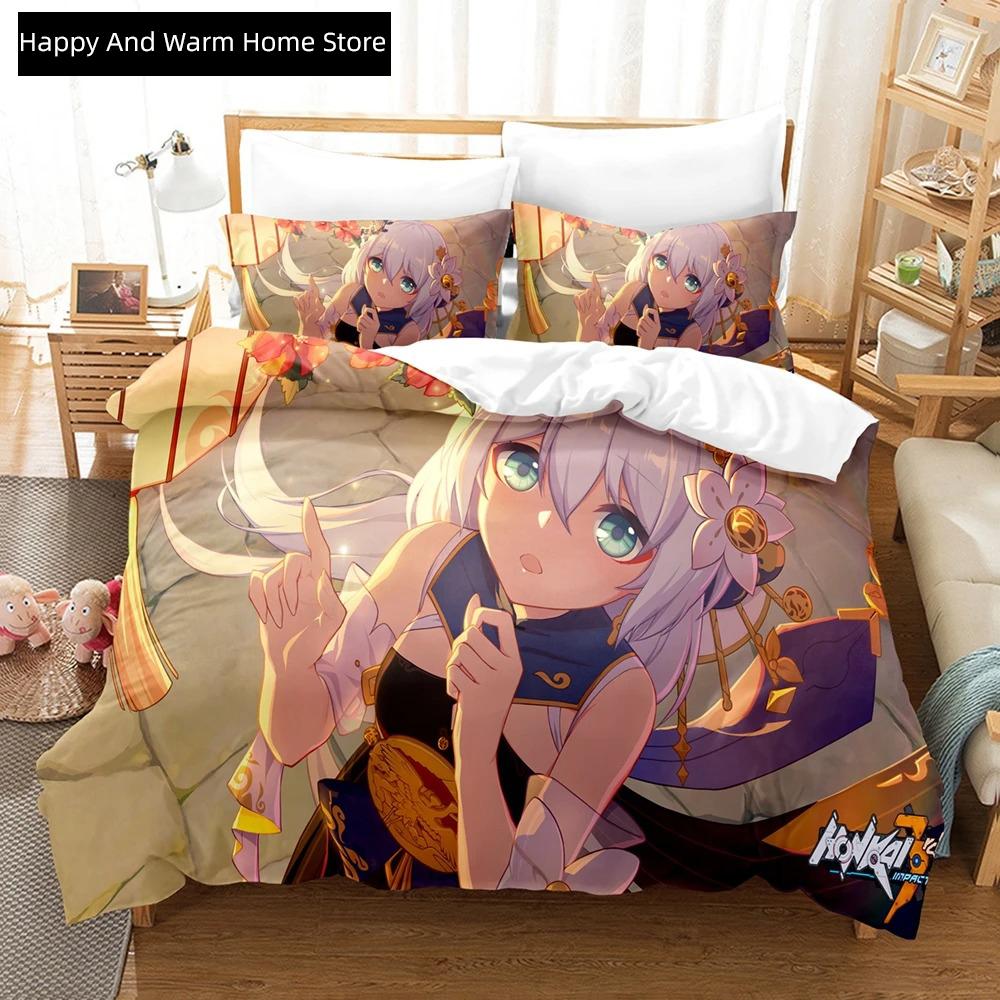 3D Аниме Honkai Impact 3-го Поколения Комплект Постельного Белья С Принтом 2_3 шт Мягкий Пододеяльник Комплект Постельного Белья Удобный Пододеяльник Для Дома Домашний Текстиль