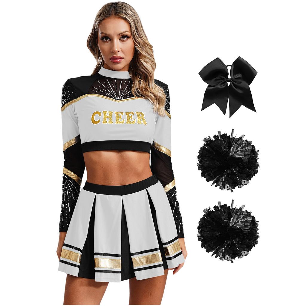 Women Cheerleading Performance Dance Outfit Long Sleeve Mock Neck Rhinestones Crop Top Pleated Skirt Hair Tie Set