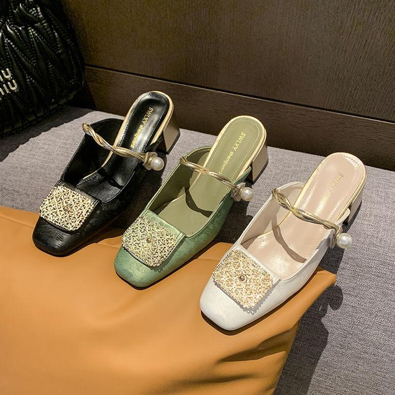 Модные женские мюли на каблуке, тапочки и женские сандалии, зеленые шлепанцы, летняя обувь из ПВХ, в продаже, шикарные, элегантные, по низкой цене, стильная обувь