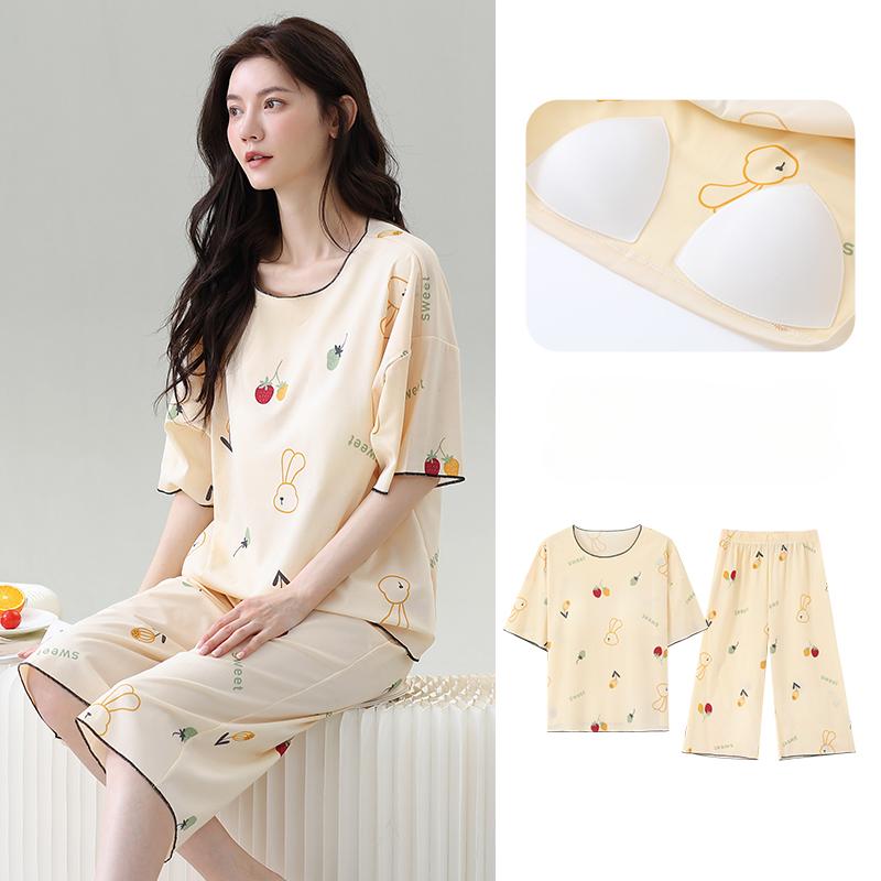 Летний пижамный комплект с нагрудником для женщин больших размеров 4XL 5XL с цветочным принтом, топы с короткими рукавами и брюки-капри, женская повседневная пижама, домашняя одежда