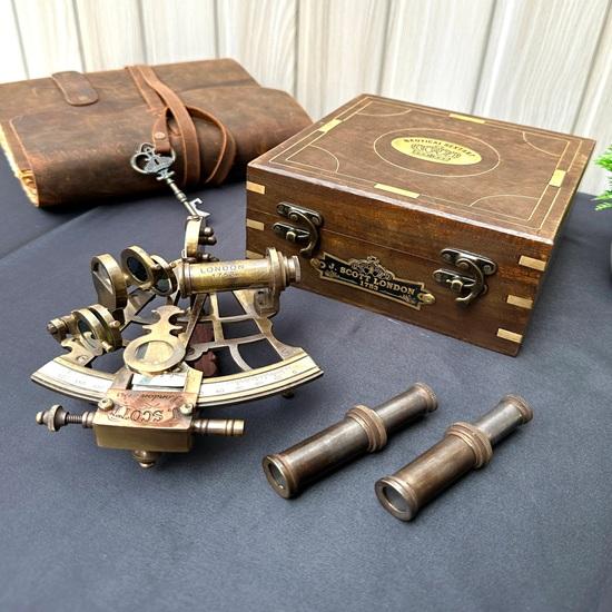 Nautical Brass Working 12.7 cm Sextant With Two Telescope, Maritime Navigational Instrument With wooden box Christmas Fathers Gift