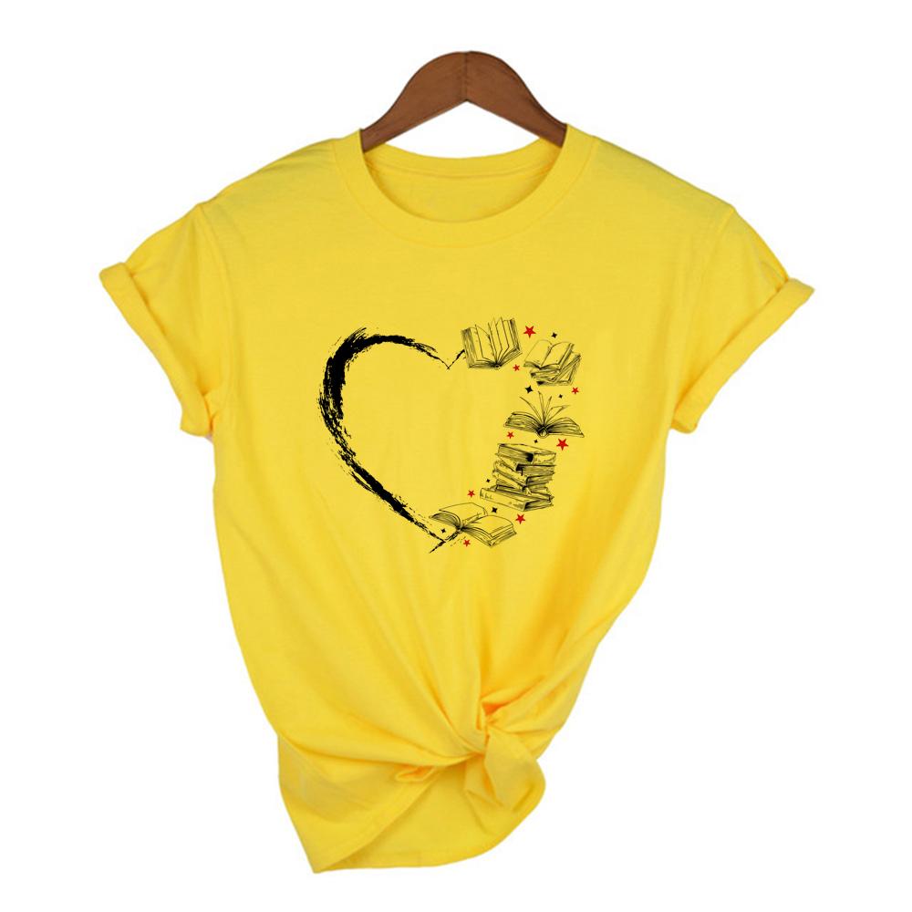 Heart With Books Print Women Aesthetic Harajuku T Shirt School Reading Casual Short Sleeve Streetwear T