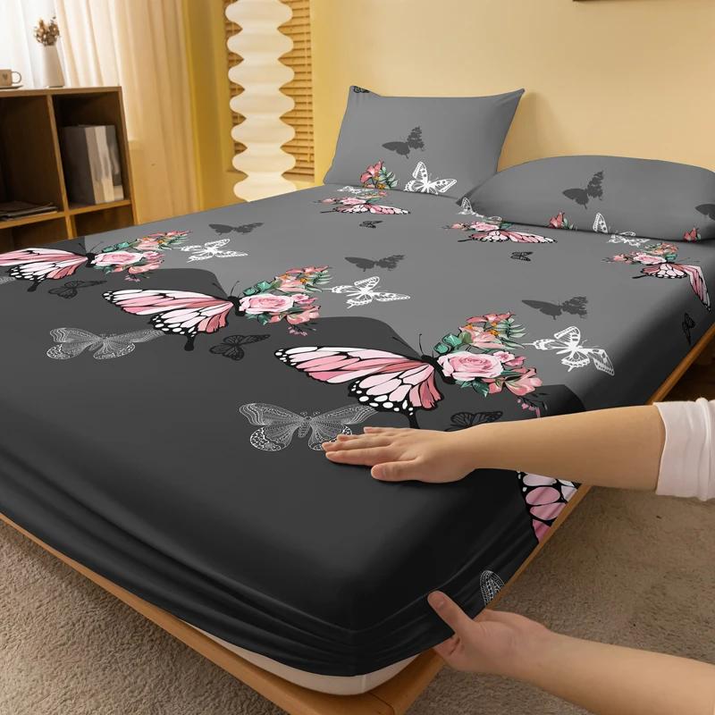 1 Rose Butterfly Patterned Frosted Bedsheet, Printed Bed Cover For Bedroom, Bedding (Excluding Pillowcases)