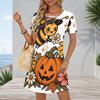 Women Plus Size Round Neck Short Sleeve A Line Halloween Printed Casual Dress