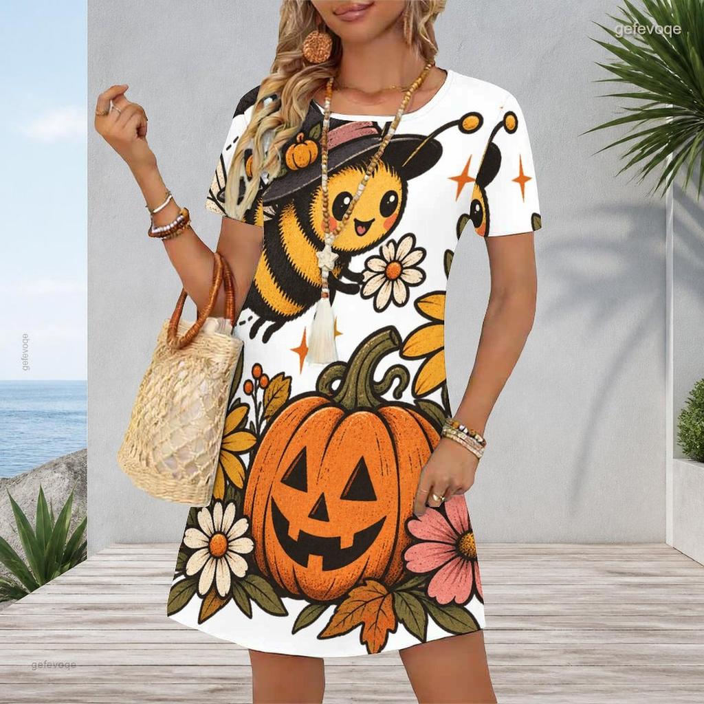 Women Plus Size Round Neck Short Sleeve A Line Halloween Printed Casual Dress