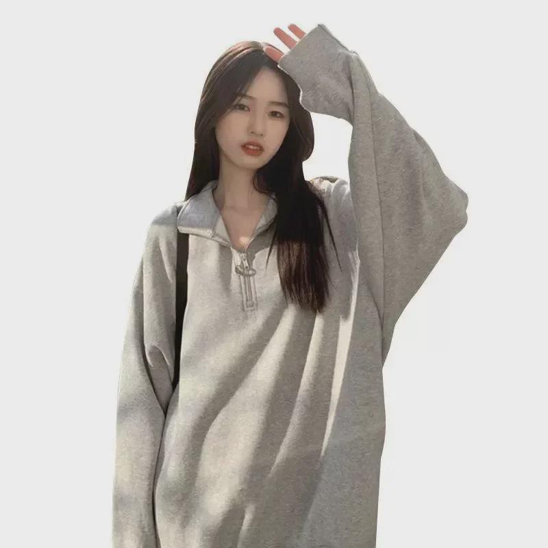 Women's American-Style Polo Collar Sweatshirt: Autumn/Winter Loose Pullover with Long Sleeves