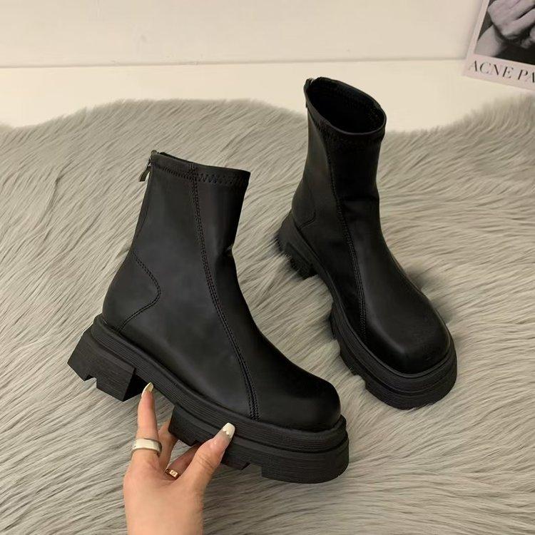 Осенние и зимние сапоги на толстой подошве Женские сапоги Весенние сапоги с подкладкой Ботильоны скинни Французские корейские короткие сапоги
