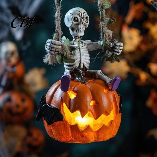 Spooky Haunted House Prop Swing Skeleton with Lighted Pumpkin, Light-up Ornament, Halloween Funny Desktop Figurine Hanging Statue for Indoor