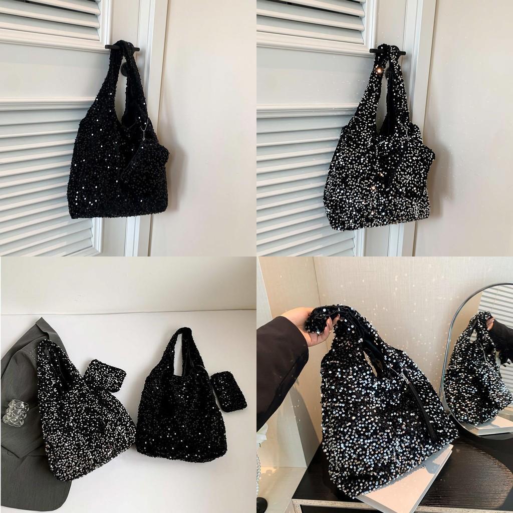 Trendy Black And Silver Sequin Tote Bag Stylish Large Capacity Commuter Handbag For Women