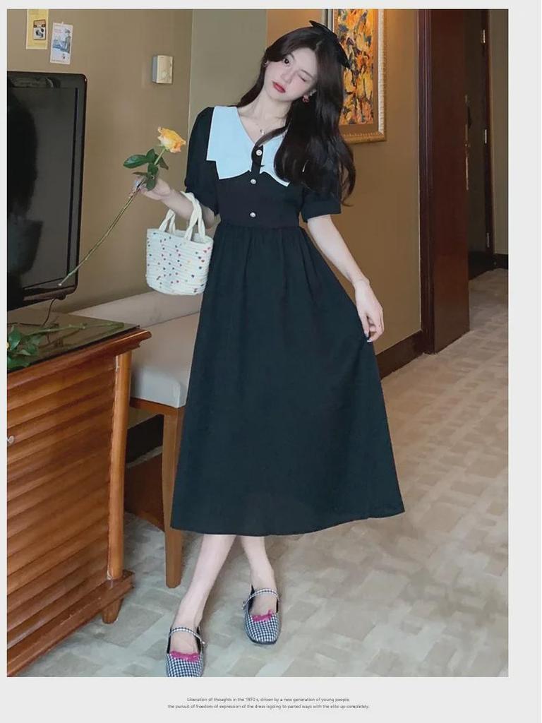 2025 Summer French Retro Tea Break Hepburn-Style Waist-Slimming Black Maxi Dress