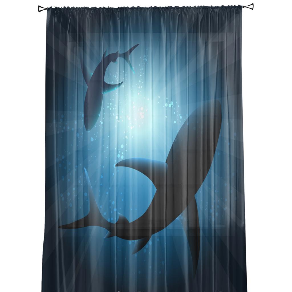 Shark Silhouette In Sun Rays Sheer Curtains Living Room Window Tulle Curtains For Bedroom Kitchen Home Decoration Voile Drapes