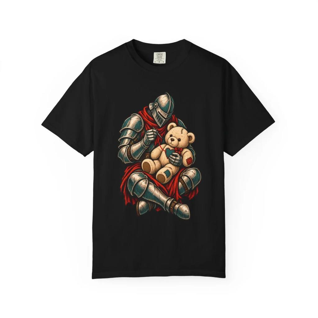 Armored Knight Mending Teddy Bear T-Shirt Black Front Print Comfort Colors 1717