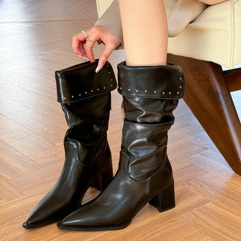 Autumn Winter Women Boots Point Toe High Heels Retro Ladies High-end Leather Chelsea Boots Platform Mid Calf Boots Female Botas