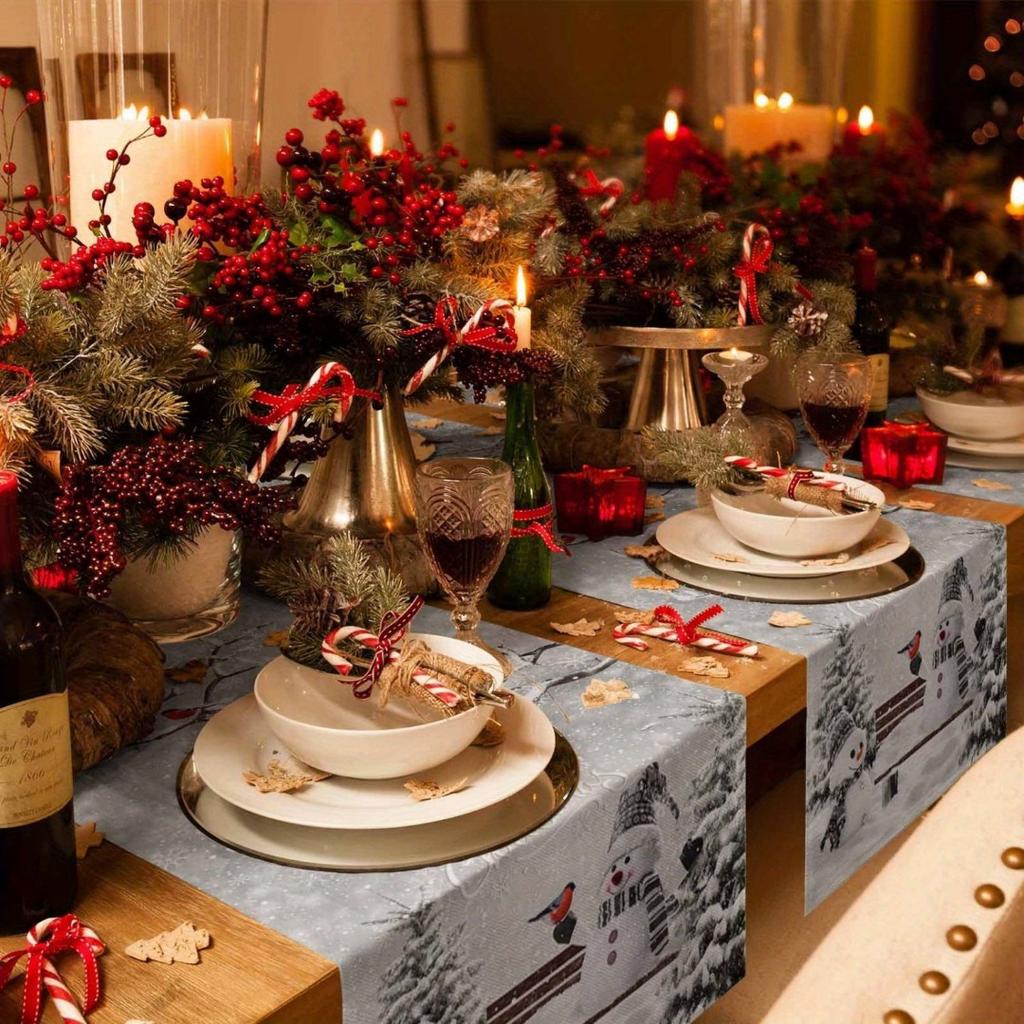 1 шт. Серый Рождественский столовый раннер с принтом снеговика, пыленепроницаемая прочная скатерть для рождественского и новогоднего украшения обеденного стола