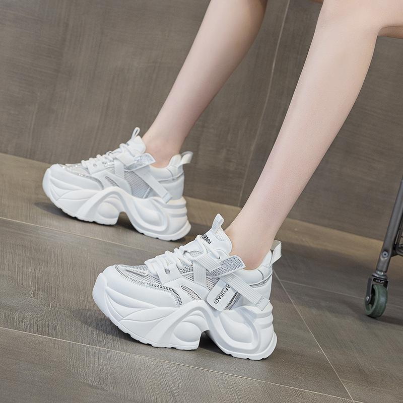2025 Summer New Platform Dad Shoes Women's Rhinestone Lace-up Mesh Shoes Versatile Heel High Casual Height Increase and Thin Women's Shoes