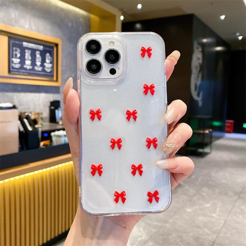 Блестящий Розовый Маленький Бант Чехол для Телефона для IPhone17promax Маленький Свежий Стиль для Apple 16 Прозрачный Противоударный 15