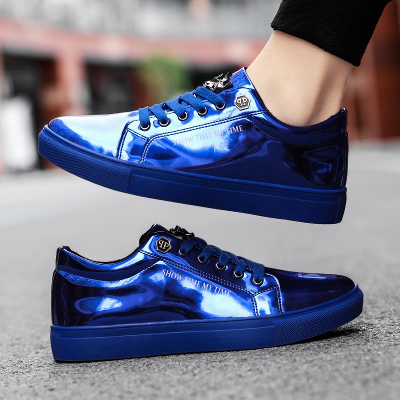 New Brand Blue Mens Fashion Sneakers Luxury Shiny Metal Men Skateboard Shoes Designer Glitter Men Flat Casual Shoes Plus Size 47
