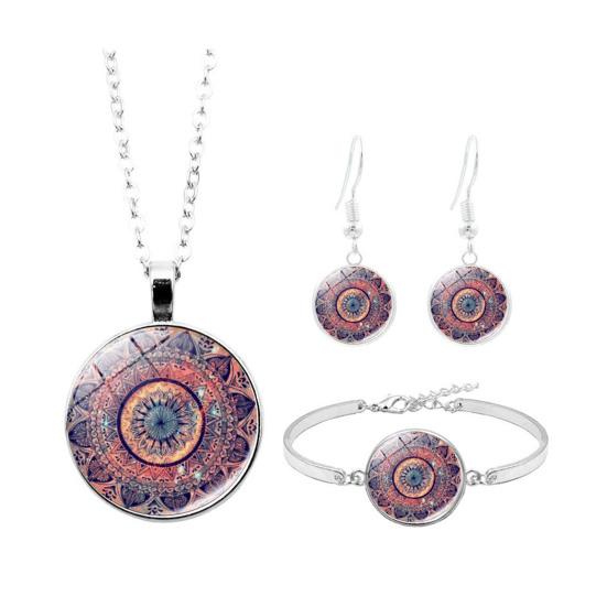 Комплект ювелирных изделий Кабошон Мандала Ожерелье Женщины Кулон Серьги Стеклянный браслет Подарок