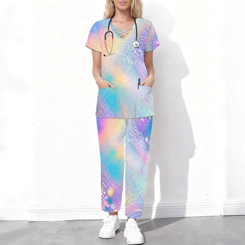 Women Plus Size Printed Scrub Set Crisscross Cutout Neck Short Sleeve Top Long Pants With Pockets