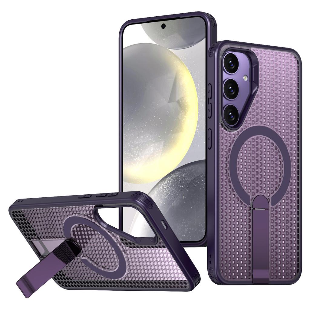 For Samsung Galaxy S25 Magnetic Case Kickstand Grid Texture TPU PC Phone Back Cover