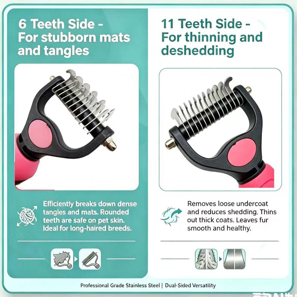 2-in-1 Professional Pet Undercoat Rake Double-Sided Grooming Brush for Stubborn Mats & Heavy Deshedding for Long Haired Pets