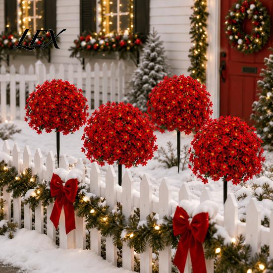 Natural Style Floral DIY Crafts Christmas Artificial Poinsettia Flower Topiary Tree, Fade Resistant Faux Bush with Spike, Realistic Vivid Simulated