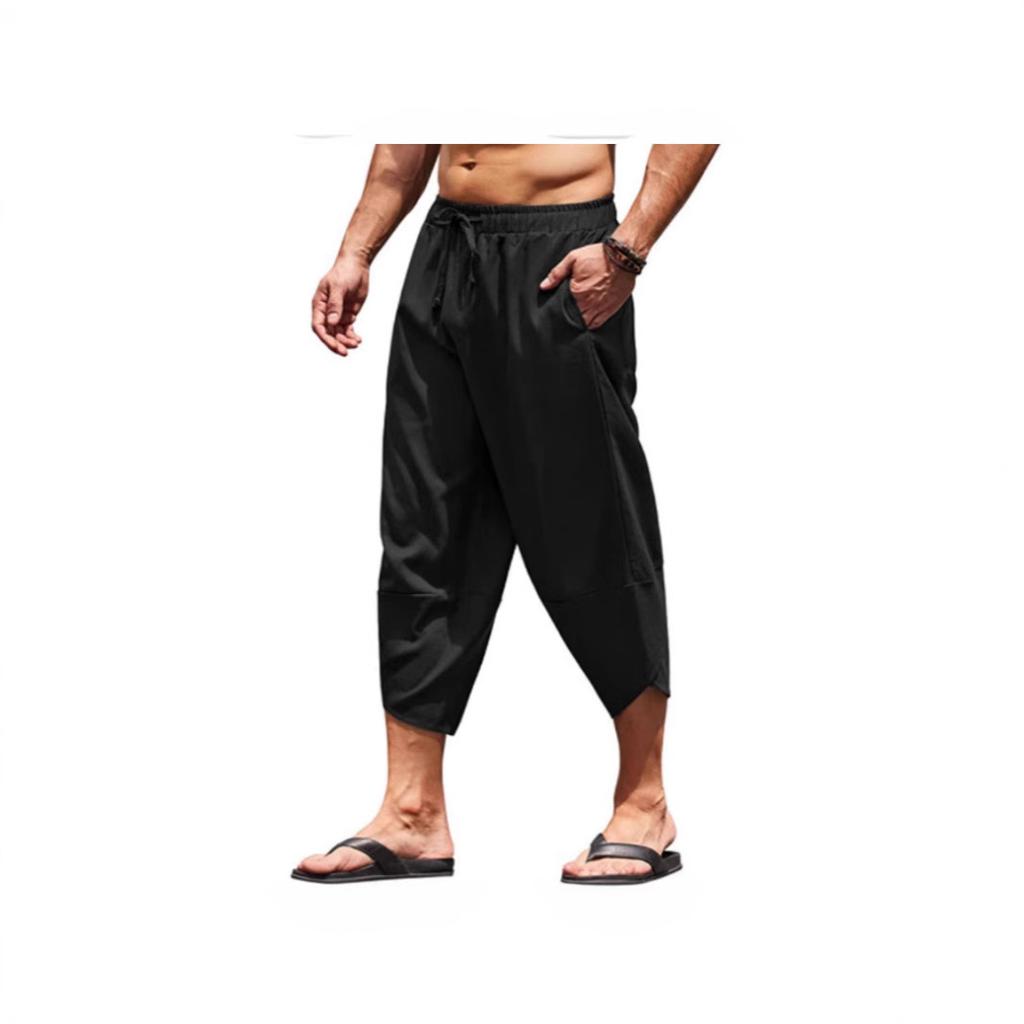 Мужские летние однотонные брюки-капри, шорты-шаровары, мужские укороченные брюки с эластичным поясом и шнурком, мешковатые спортивные штаны длиной 3/4