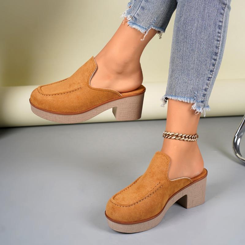 Модные шлепанцы на платформе с блочным каблуком, обтянутые замшей, женская мода, круглый носок, глубокий вырез, замшевые, противоскользящие, износостойкие, полузакрытые