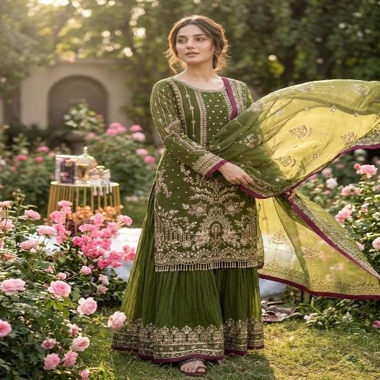Exquisite Embroidered Georgette Sharara Suit Set – Tunic, Flared Pants & Organza Dupatta