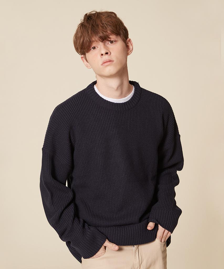 BLOND9 Crew Neck Rib Knit Sweater_Navy