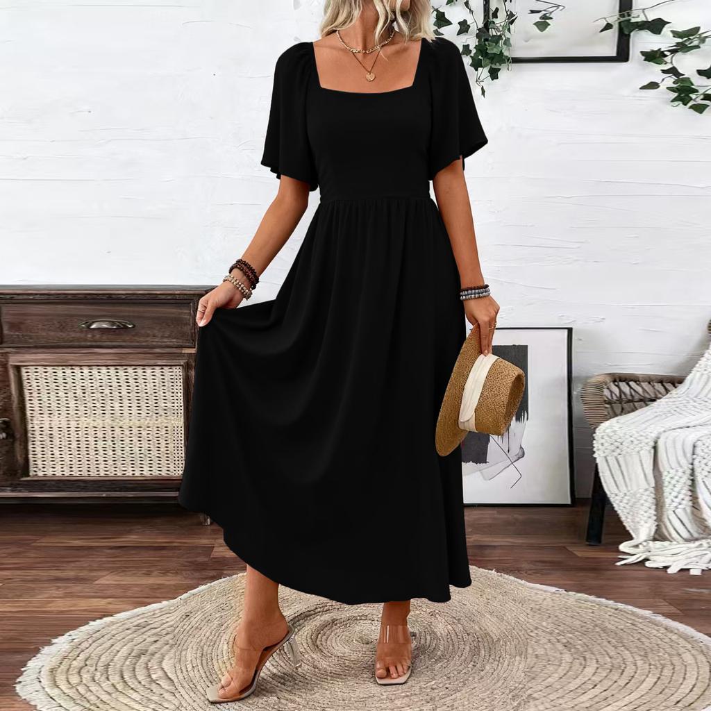 Women's Fashion Solid Color Square Neck Bohemian Five Sleeve Dress Concert Dress Beach Vacation
