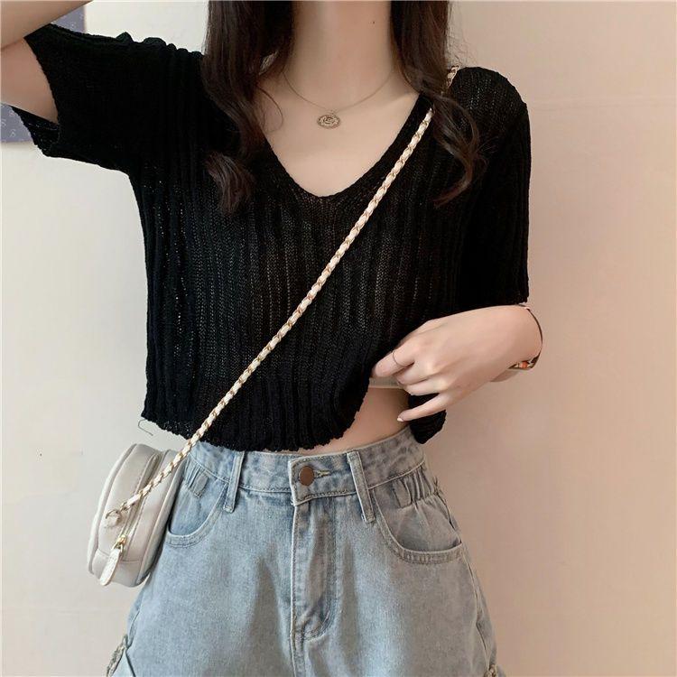 Korean Style Top Summer Knit Shirt Korean Version Short Solid Color Slightly Transparent V-neck Loose Short Sleeved T-shirt Trendy