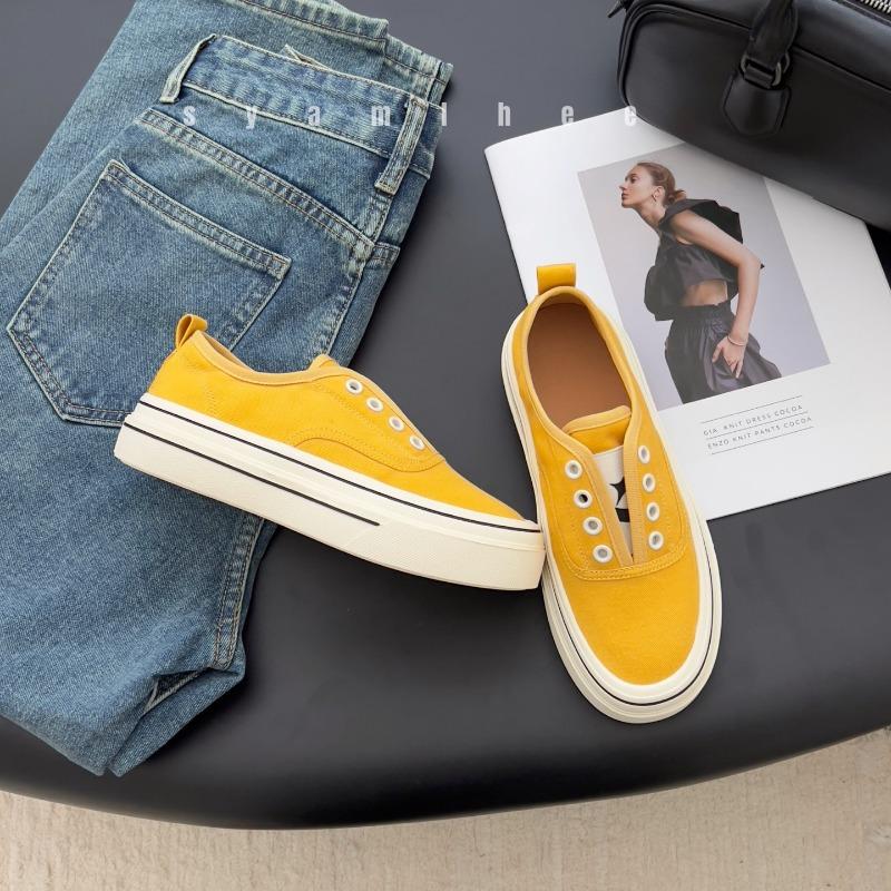 Leather one-pedal heightening platform casual canvas shoes women's spring and autumn new retro lace-free sports shoes