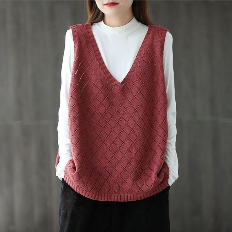 Women's Loose Knitted Vest Retro V-neck Plus Size Hollowed Out Vest Sweater for Women