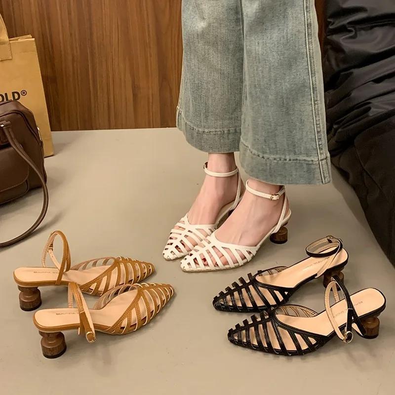 Shoes Female Closed Toe Women's Sandals Fashion Dress Sandals Women Hollow Pointed Toe Ankle Buckle Strap Med Heel Shoes