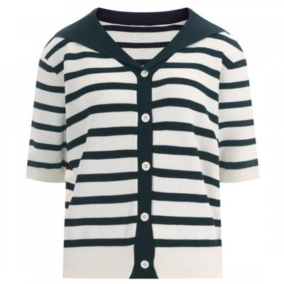 Shop Women Stripe Sailor Collar Y Button Short Sleeve Knit Cardigan ivorY Lmrw