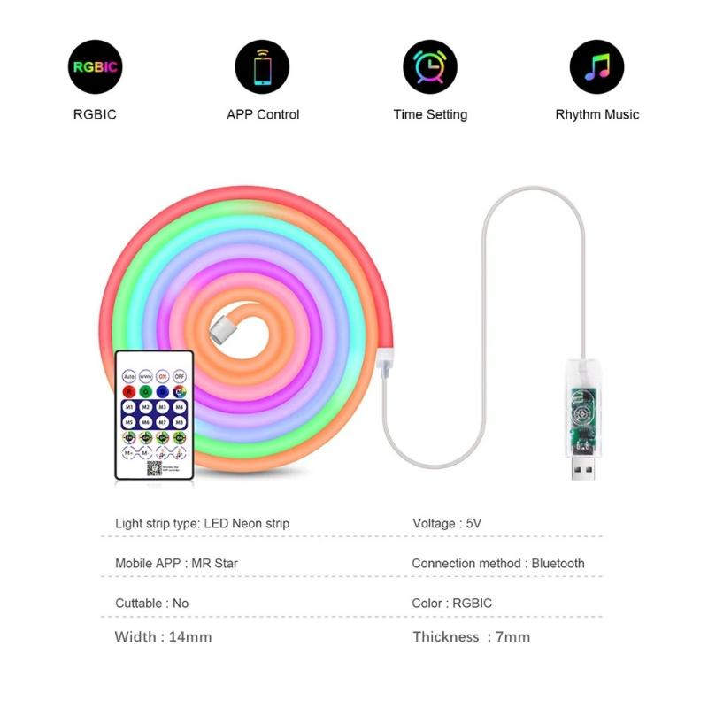 5V Rgbic Neon Led Strip Lights Neon Rope Light With Music Sync Diy Rgbic Dreamcolor Chasing Strip Tape For Home Decor Lighting