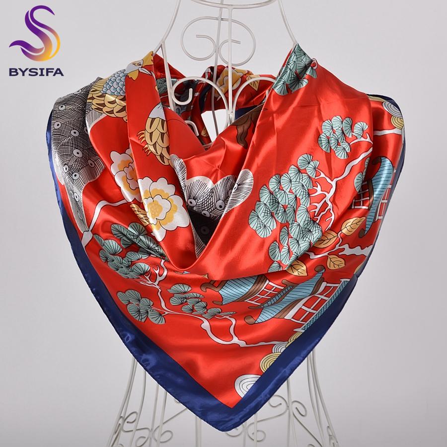 BYSIFA New Accessories Women Wine Red Silk Scarf Cape Fashion Chinese Rose Satin Square Scarves Shawls Ladies Headkerchief Hijab